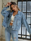 Button Down Drop Shoulder Denim Jacket - DAVERRI FASHIONS