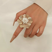 Gold One Size 18K Gold-Plated Pearl Flower Ring | Rings Daverri Fashions