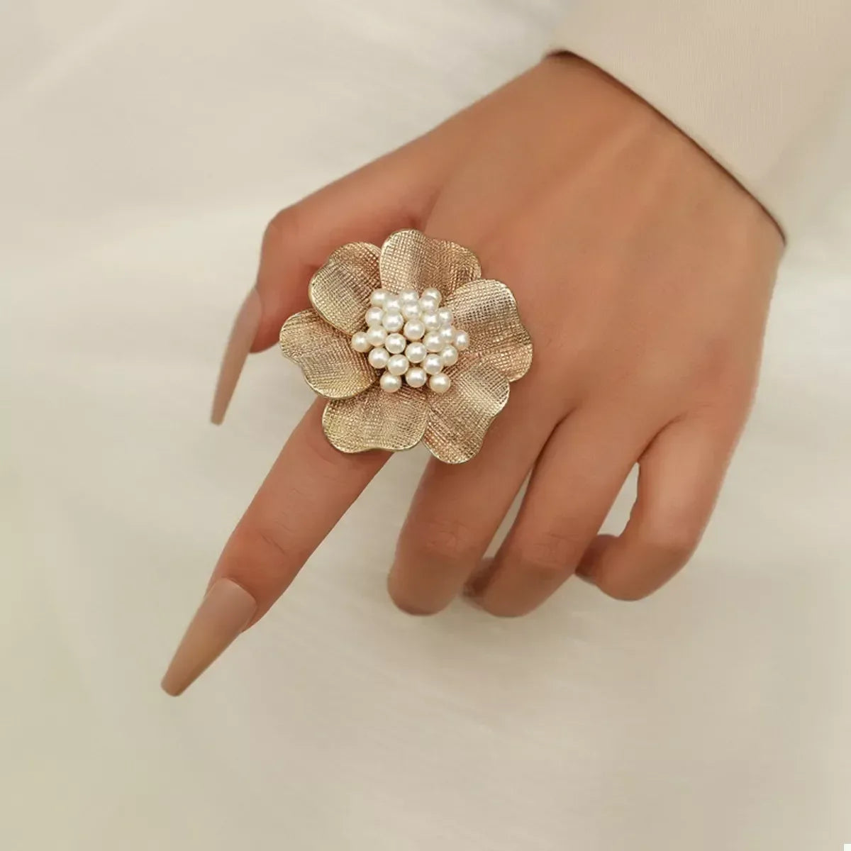 18K Gold-Plated Pearl Flower Ring - DAVERRI FASHIONS