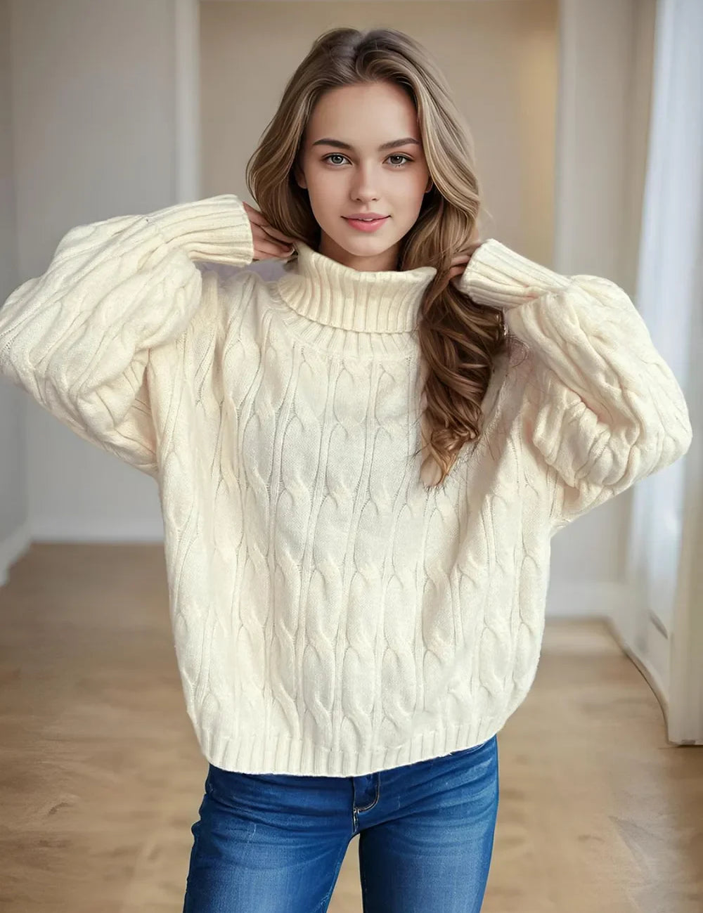 Cream cable-knit oversized turtleneck sweater with puff sleeves