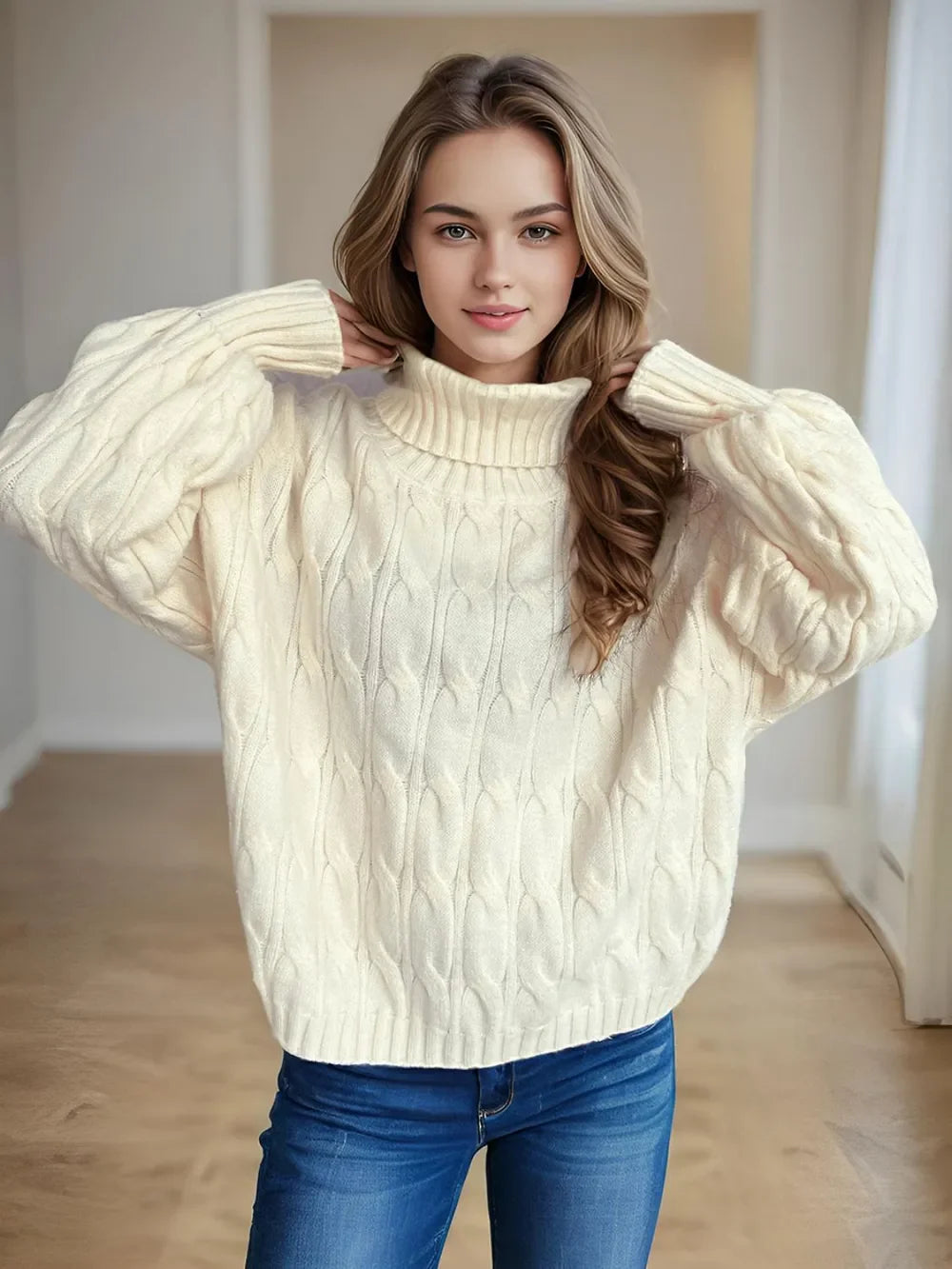 Cream cable-knit oversized turtleneck sweater with puff sleeves
