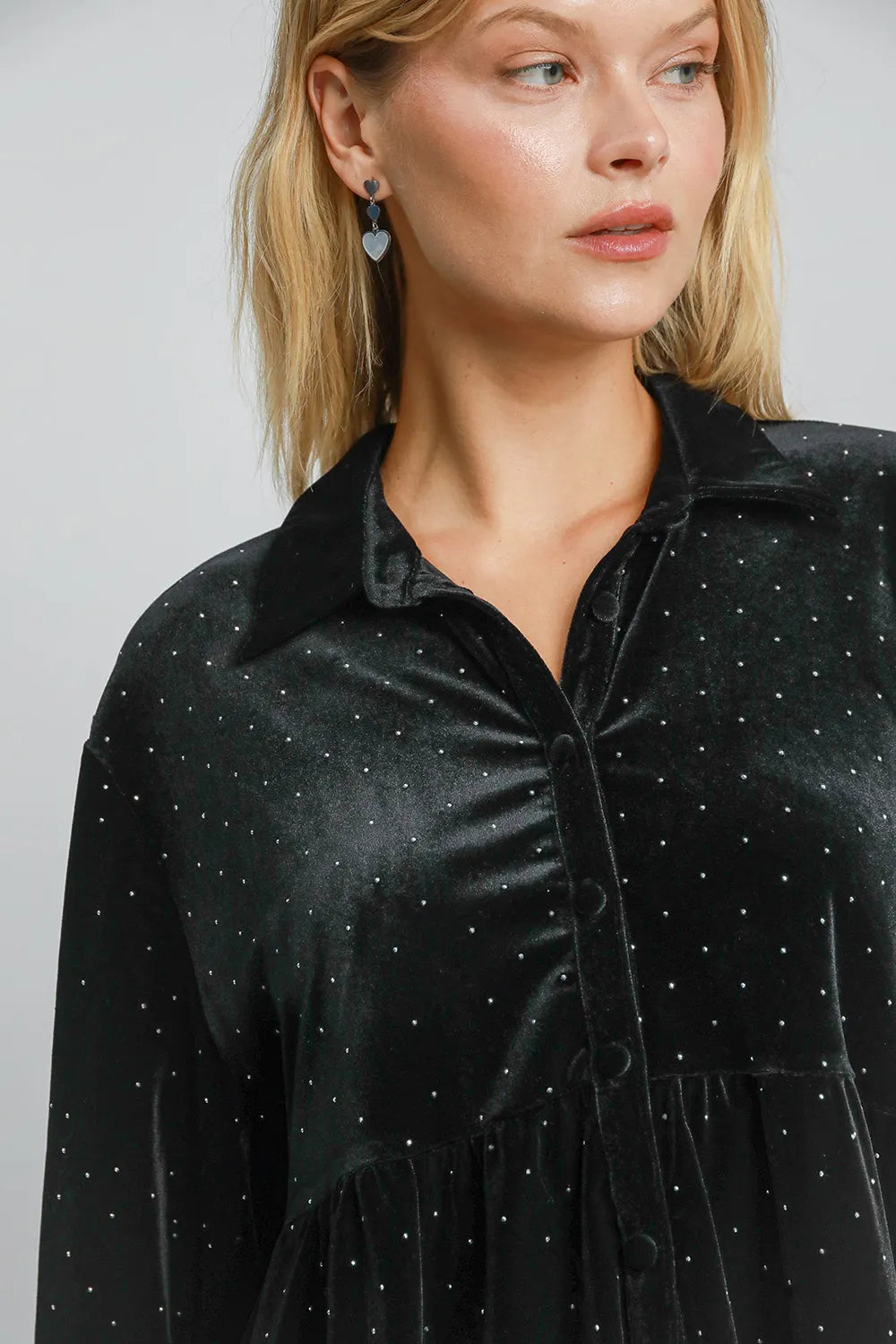 Umgee Full Size Polka Dot Button Up Half Sleeve Shirt