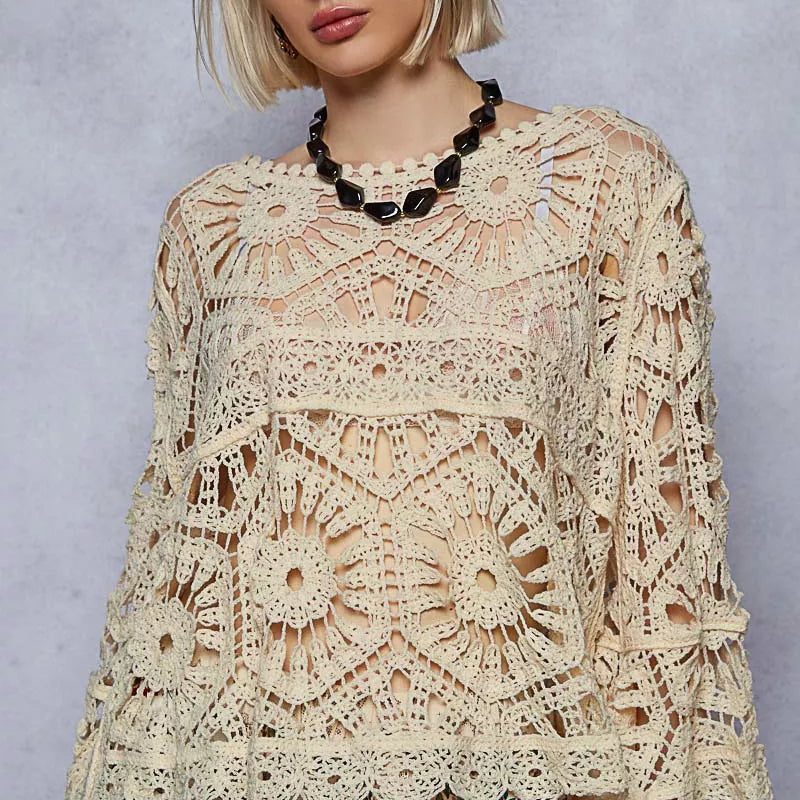 CREAM One Size POL Round Neck Weave Knit Pattern Cropped Cover Up | Cover-Ups Daverri Fashions