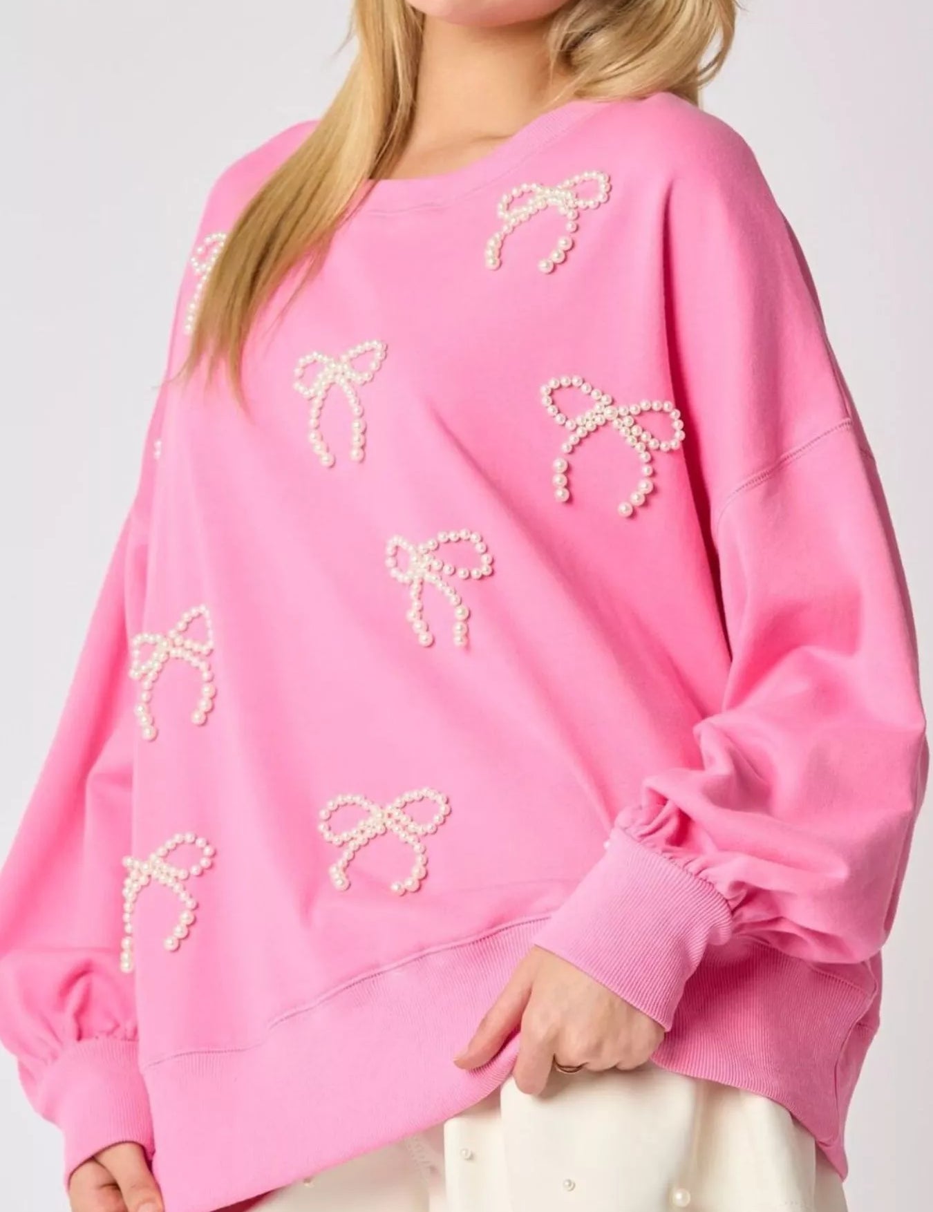 Pearl Embellished Bow Long Sleeve Sweatshirt | Sweatshirts Daverri Fashions