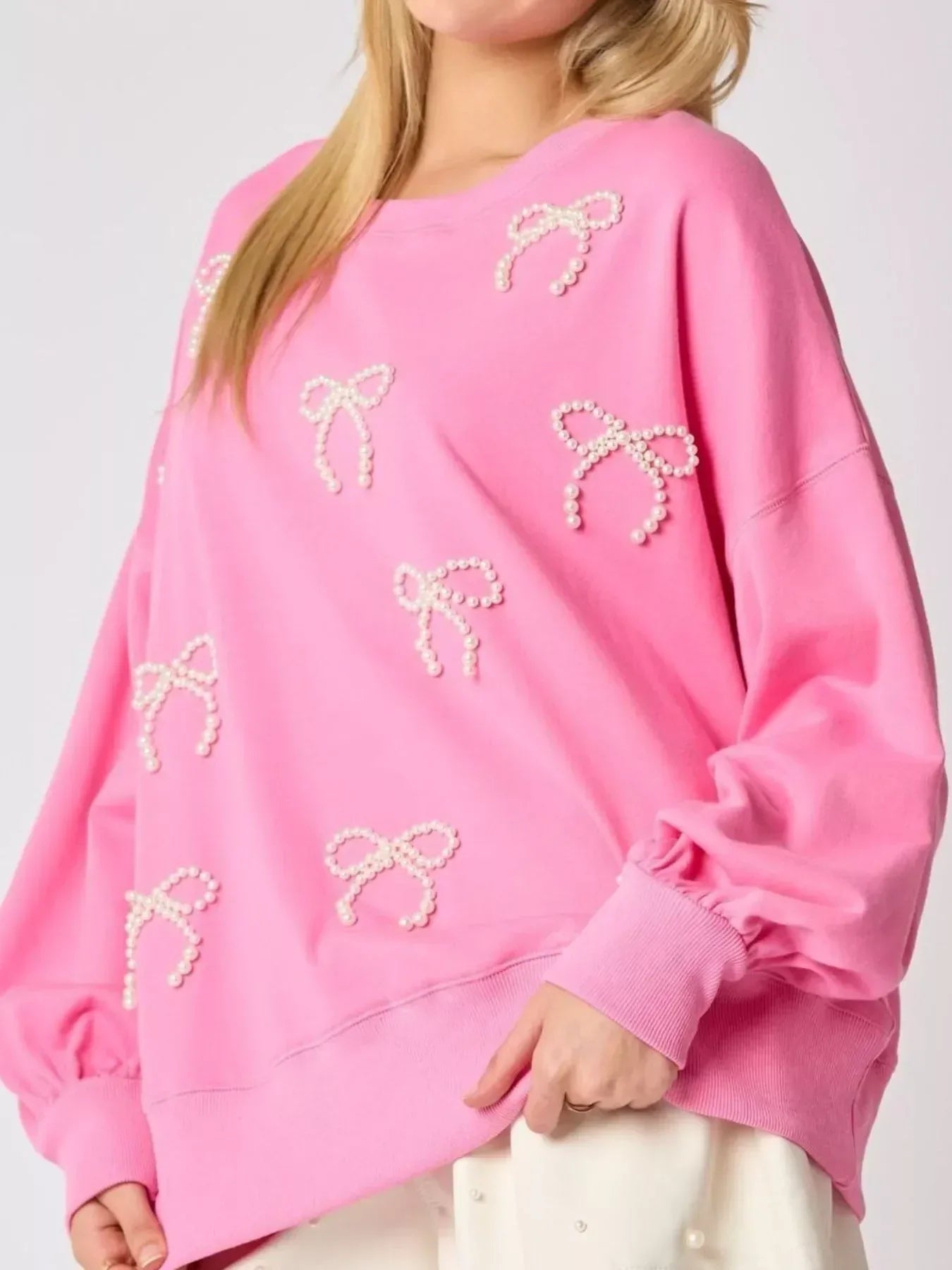 Pearl Embellished Bow Long Sleeve Sweatshirt - DAVERRI FASHIONS