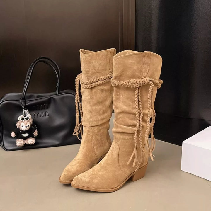 Apricot Rope Accent Point Toe Block Heel Boots | Boots Daverri Fashions