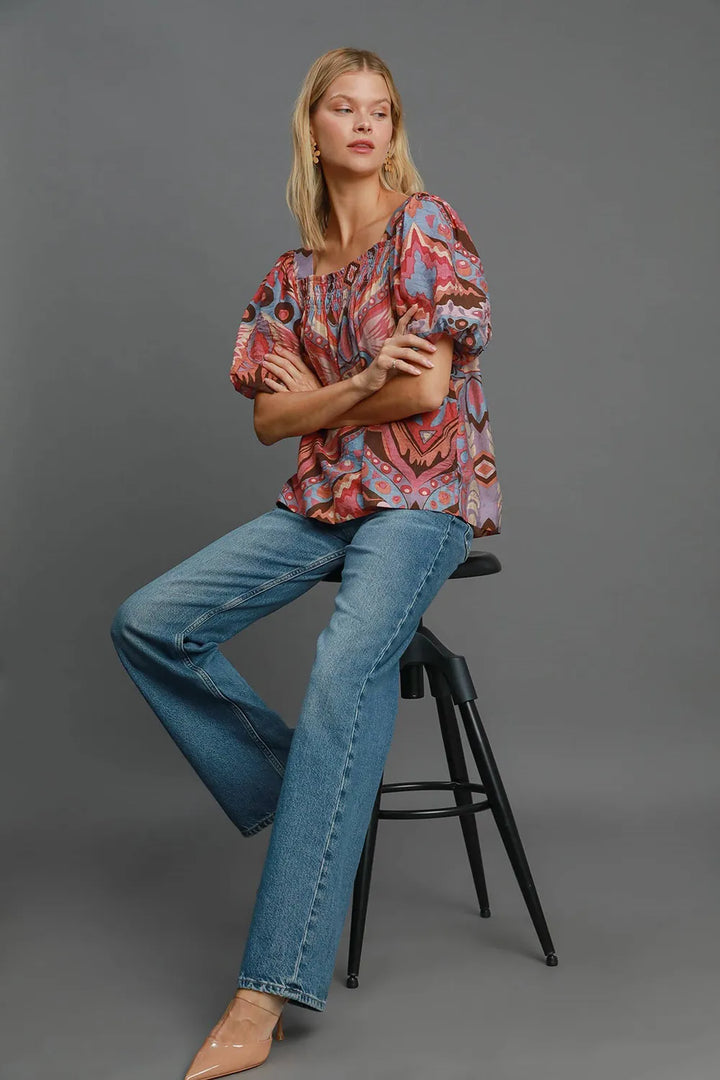 Umgee Full Size Abstract Print Smocked Square Neck Puff Sleeve Blouse | Blouses Daverri Fashions