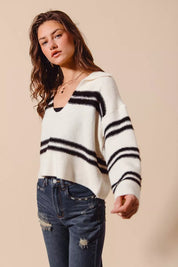 SO ME Fuzzy Hairy Stripe Deep U Neck Swetaer | Sweaters Daverri Fashions