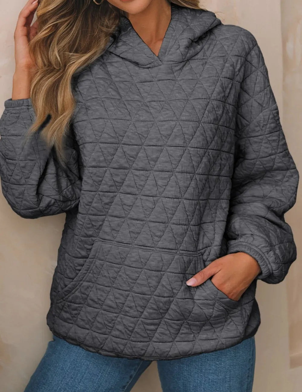 Dark Gray Textured Long Sleeve Hoodie with Pockets | Hoodies Daverri Fashions