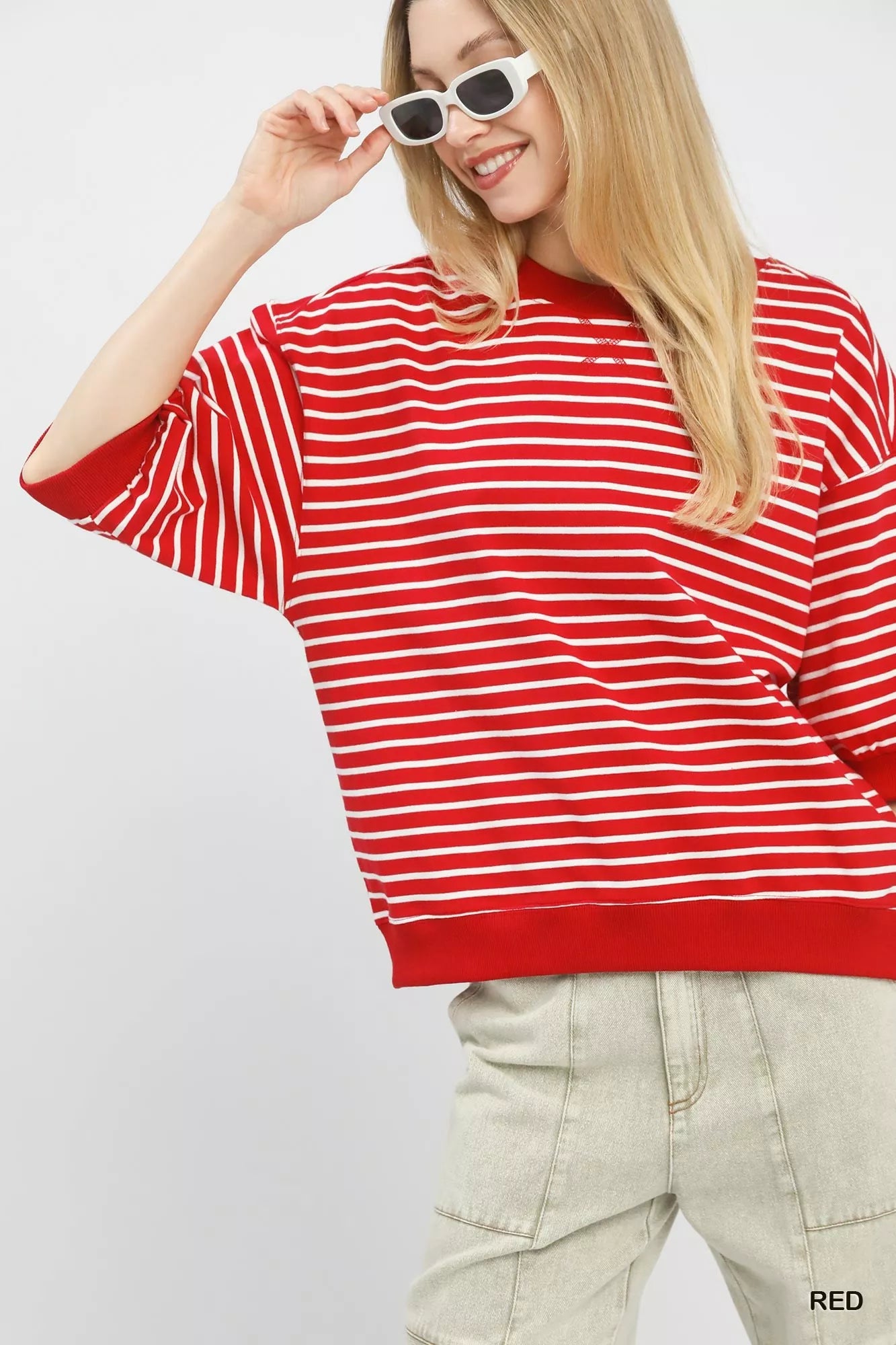 Red and white striped Umgee oversized short sleeve pullover sweatshirt