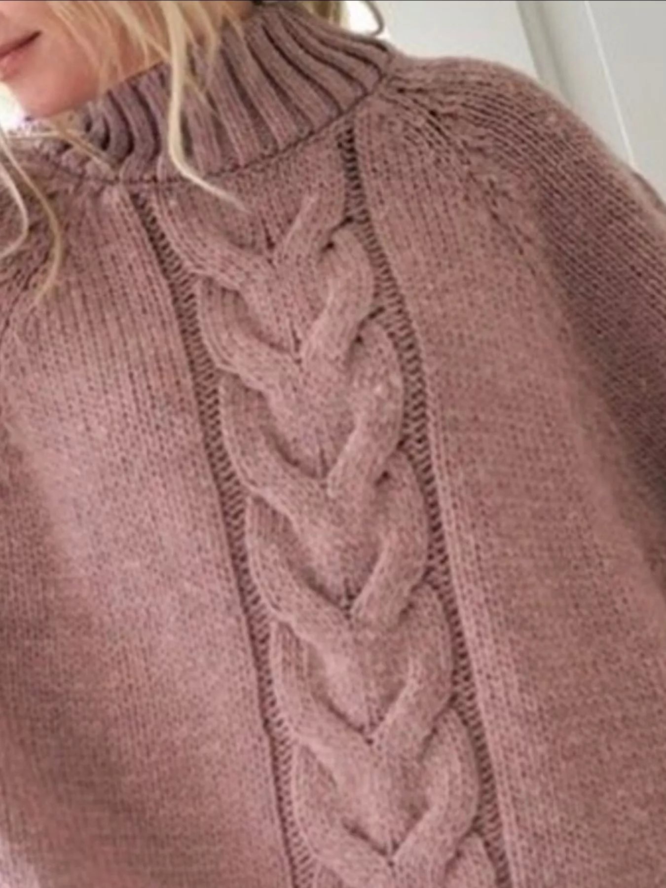 Cozy full-size cable-knit long sleeve sweater in dusty rose