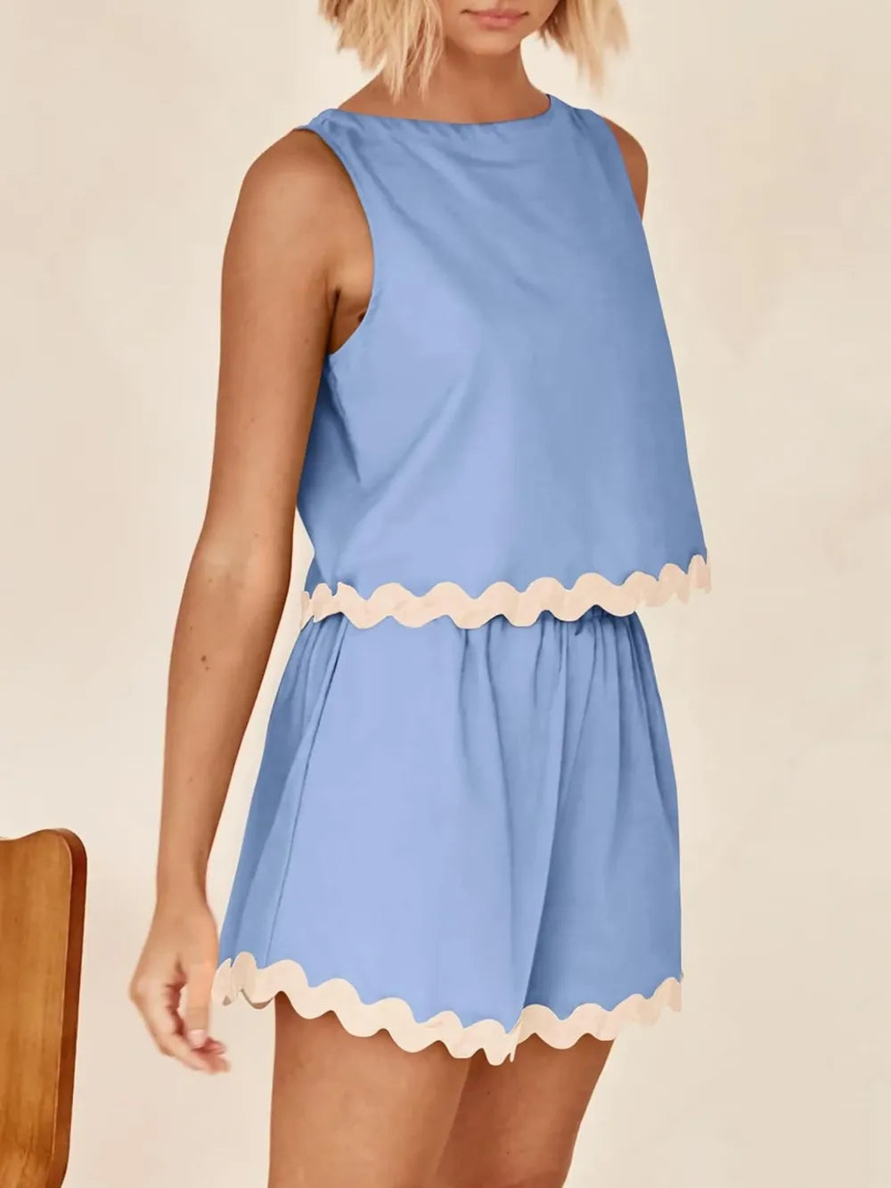 Daverri Fashions light blue sleeveless top and shorts set with cream scalloped trim