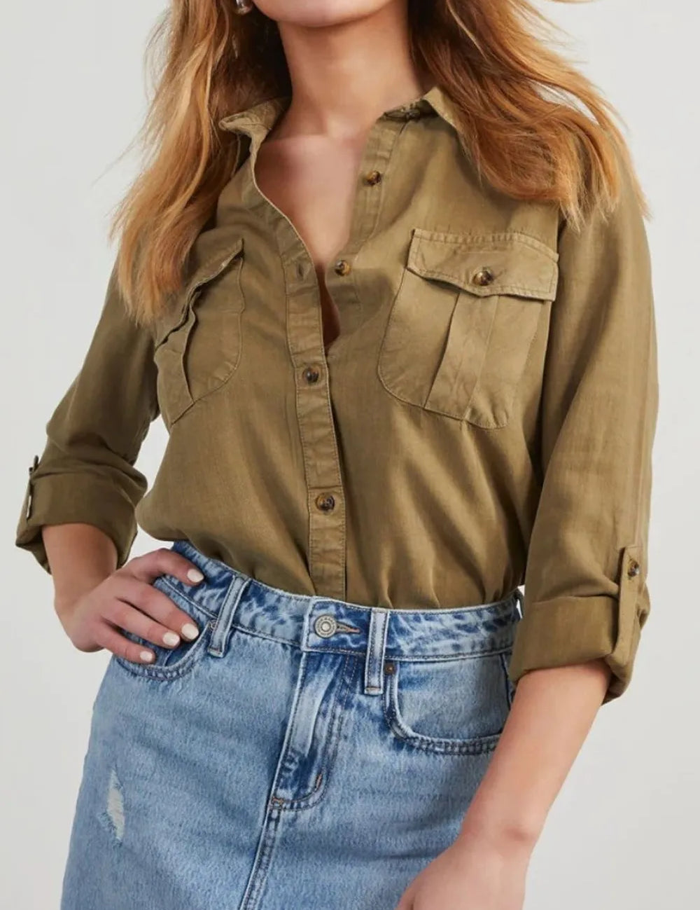 Olive Brown Collared Neck Roll-Tab Sleeve Denim Top | Shirts Daverri Fashions