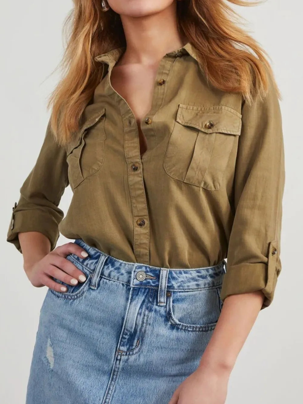 Olive Brown Collared Neck Roll-Tab Sleeve Denim Top | Shirts Daverri Fashions