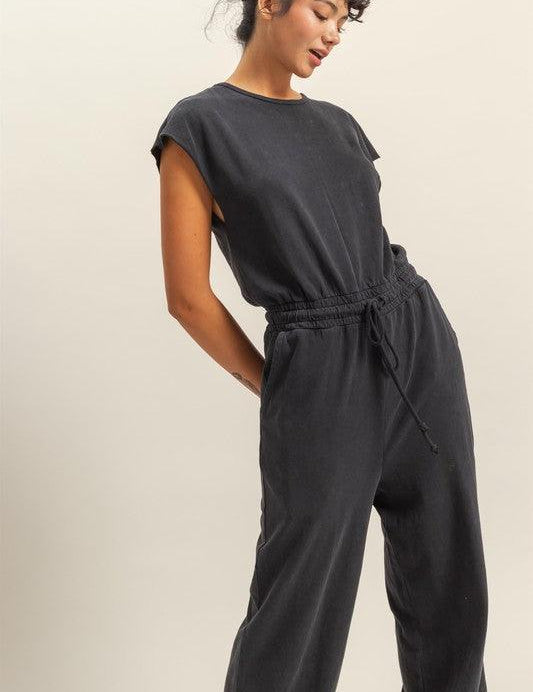 HYFVE Back Keyhole Round Neck Cap Sleeve Drawstring Jumpsuit | Jumpsuits Daverri Fashions