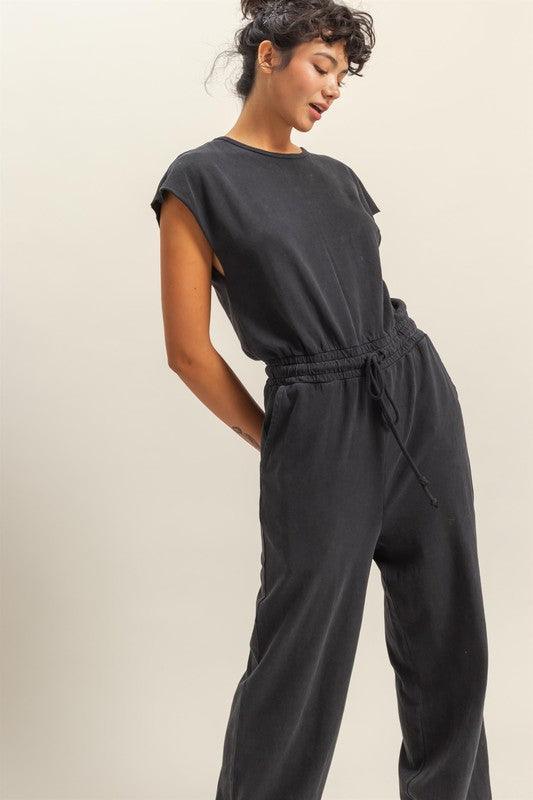 HYFVE Back Keyhole Round Neck Cap Sleeve Drawstring Jumpsuit Jumpsuits