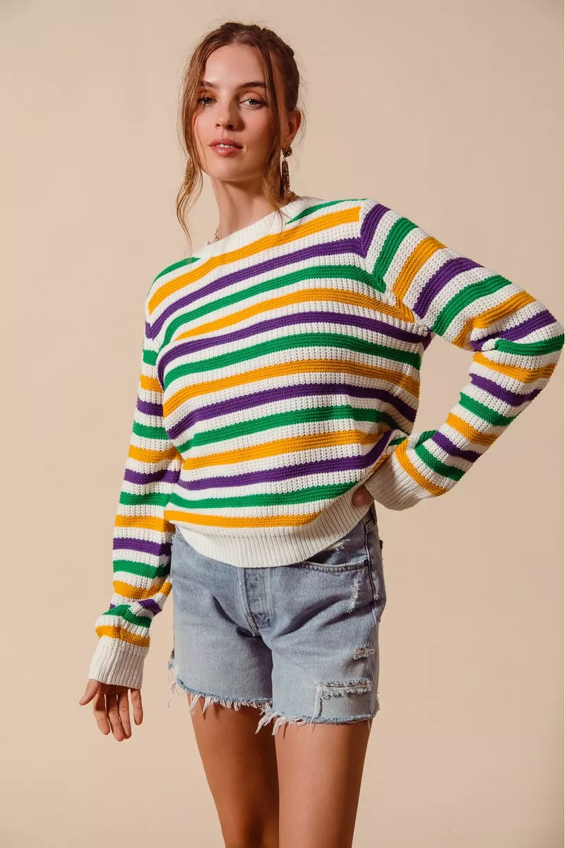 SO ME Mardi Gras Color Stripe Knit Sweater Top in vibrant stripes