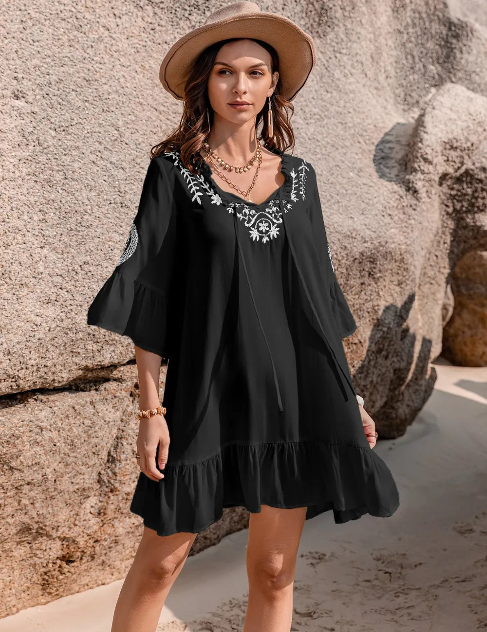 Black Printed Tie Neck Flounce Sleeve Mini Dress | Mini Dresses Daverri Fashions