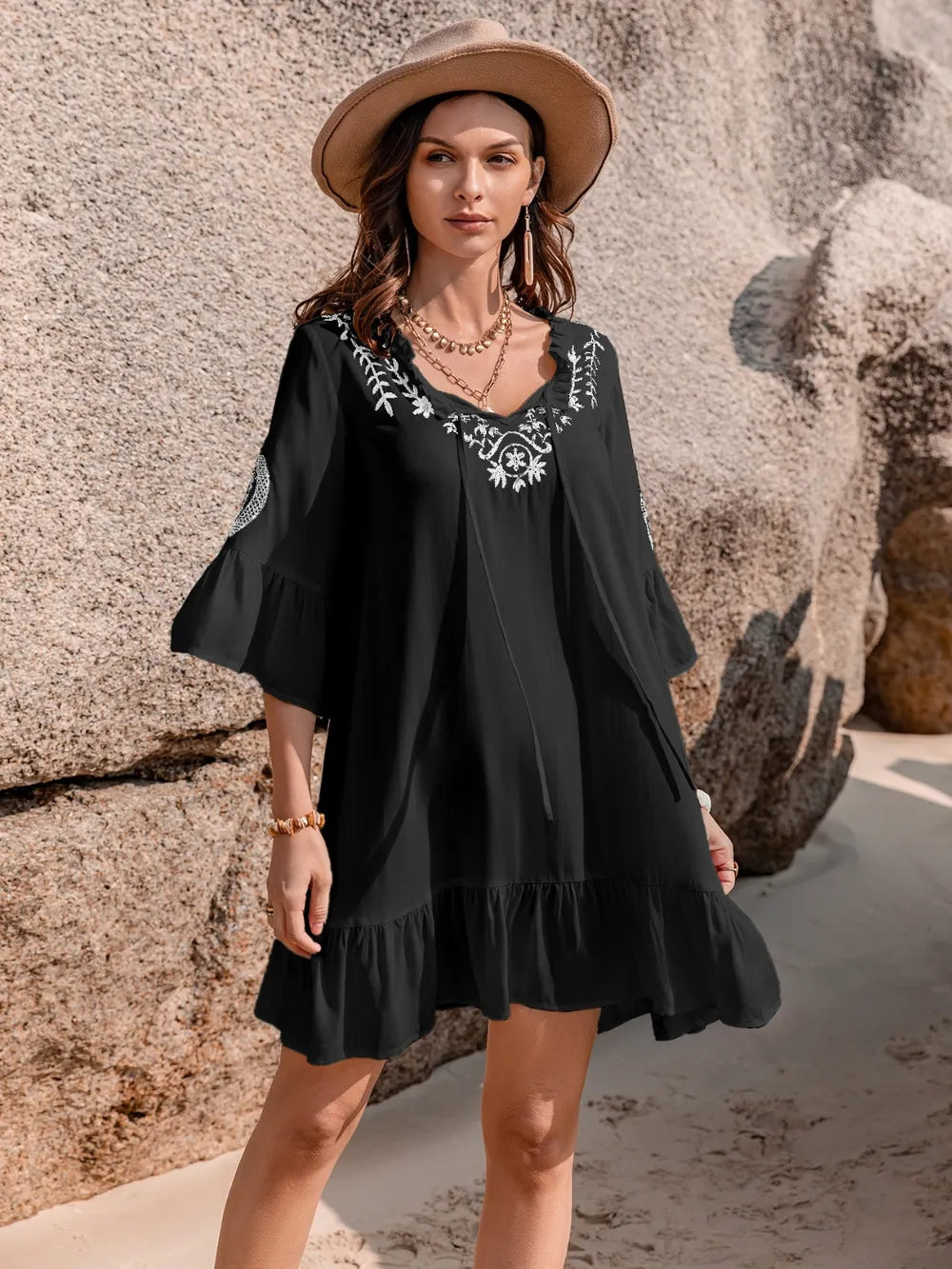 Black Printed Tie Neck Flounce Sleeve Mini Dress | Mini Dresses Daverri Fashions