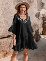 Black Printed Tie Neck Flounce Sleeve Mini Dress | Mini Dresses Daverri Fashions