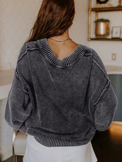 Charcoal gray corduroy V-neck long sleeve sweater, relaxed fit