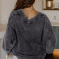 Washed Cotton Drop Shoulder V-Neck Long Sleeve Sweater - DAVERRI FASHIONS