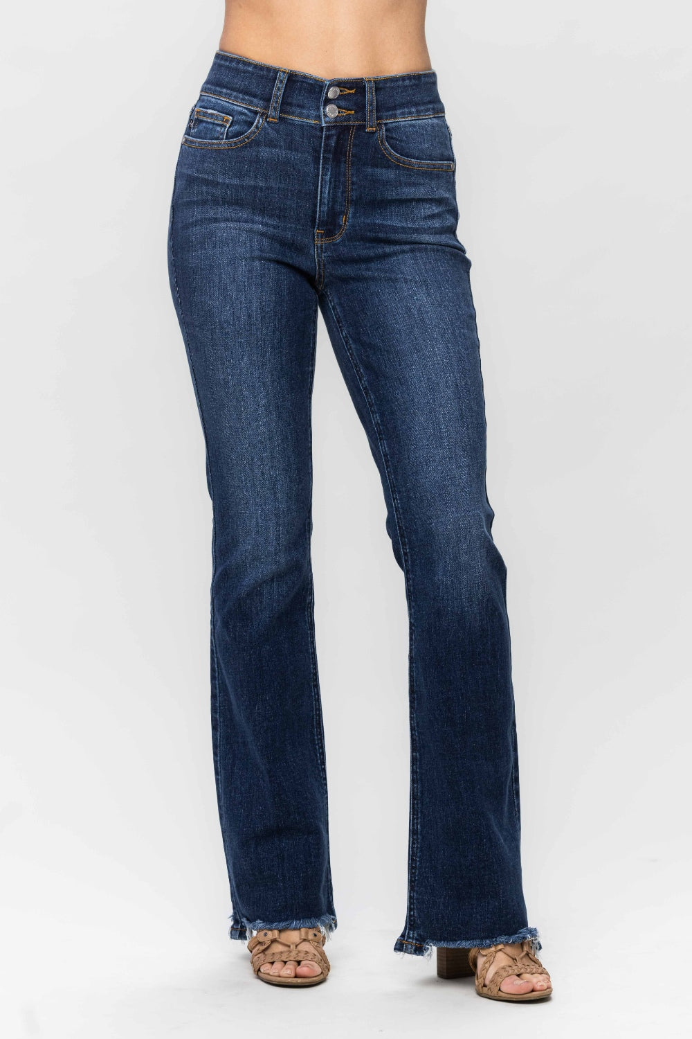 Judy Blue Frayed Hem Bootcut Jeans Dark Bottoms