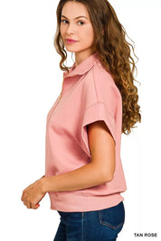 Zenana Full Size Scuba High Neck Half Zip Short Sleeve Top Plus Size | Tops Daverri Fashions