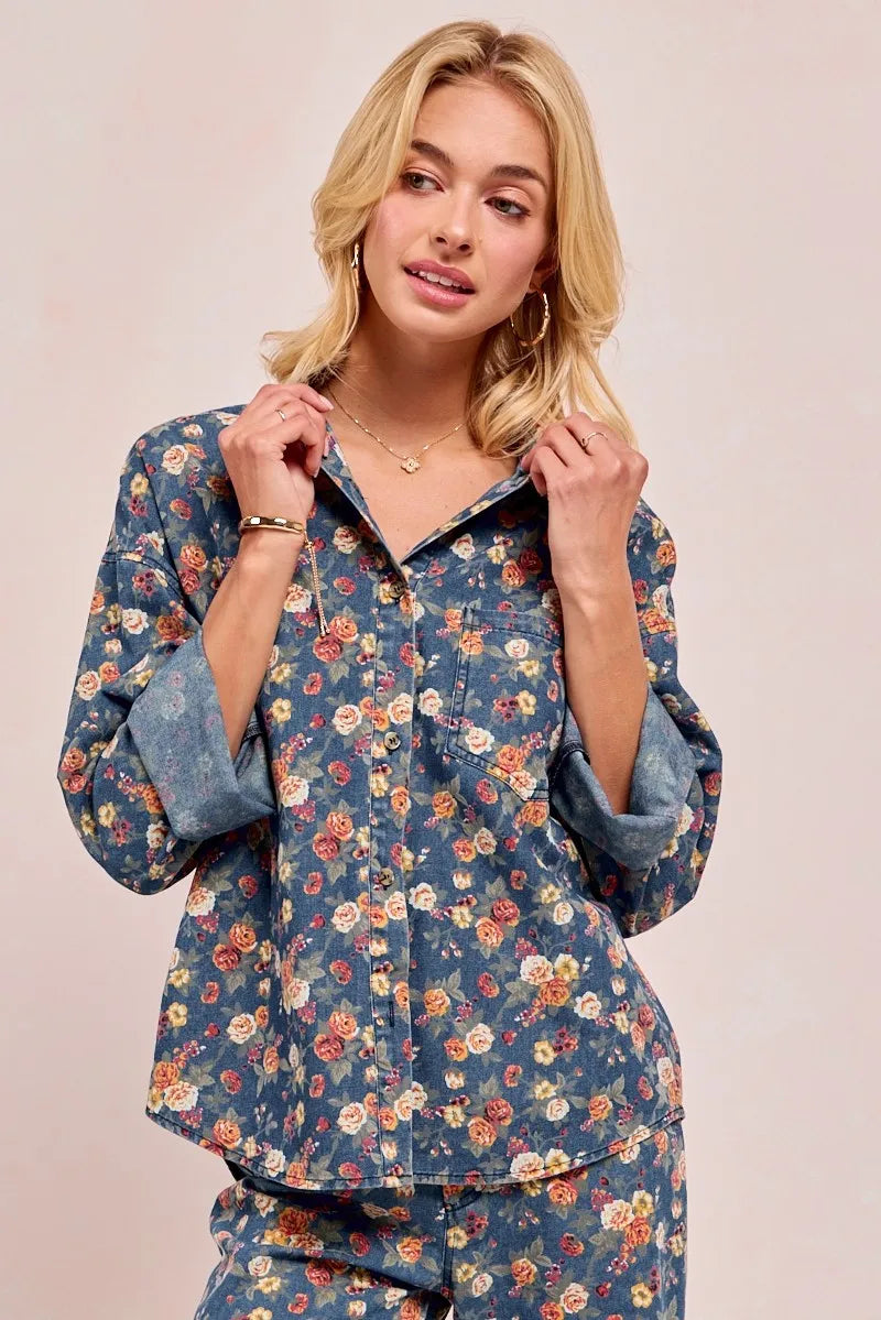 BiBi Washed Floral Print Denim Jacket Shackets