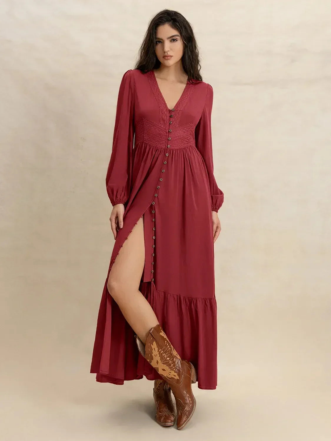 V-Neck Balloon Sleeve Ruffled Hem Maxi Dress - DAVERRI FASHIONS