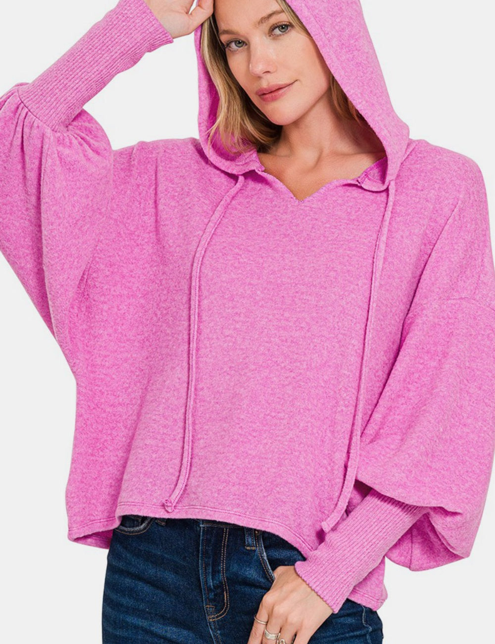 Brushed Hacci Drop Shoulder Cropped Hoodie Bright Mauve Tops