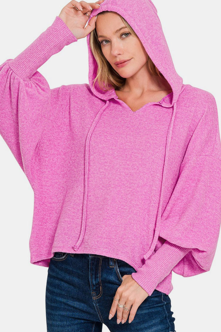 Brushed Hacci Drop Shoulder Cropped Hoodie Bright Mauve Tops