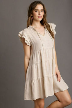 Beige Umgee linen A-line tiered ruffle mini dress, plus size