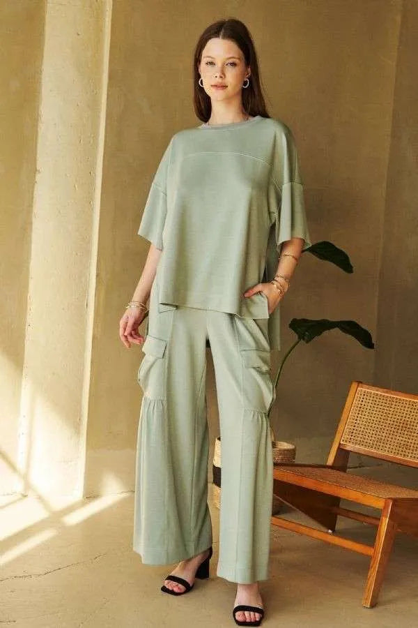 Sage green Davi & Dani drawstring ruched wide-leg cargo pants with ruffled top
