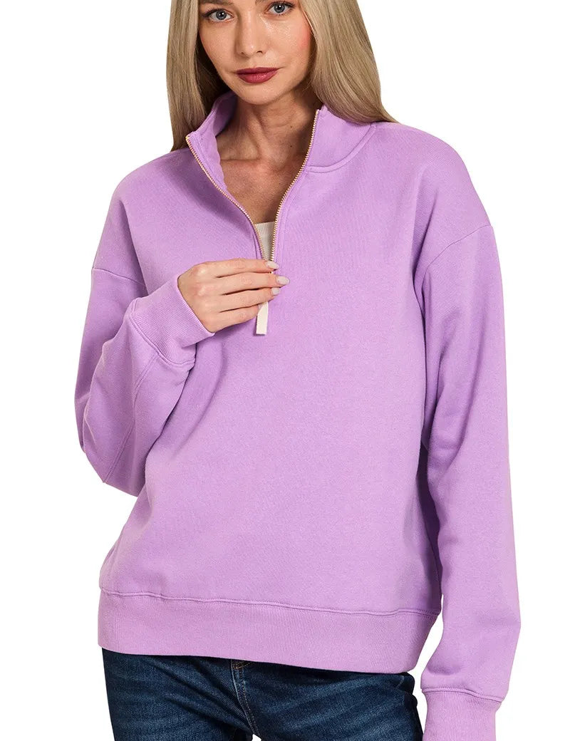 B LAVENDER Zenana Fleece Half Zip Sweatshirt Lavender | Sweatshirts Daverri Fashions