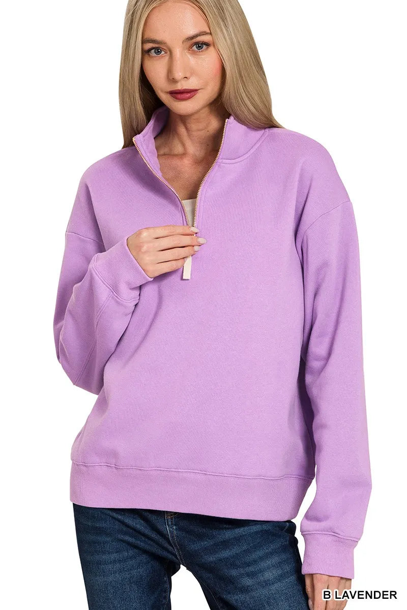B LAVENDER Zenana Fleece Half Zip Sweatshirt Lavender | Sweatshirts Daverri Fashions