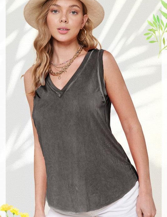 Raw Edge Back Patch V-Neck Tank Top CHARCOAL Tank Tops