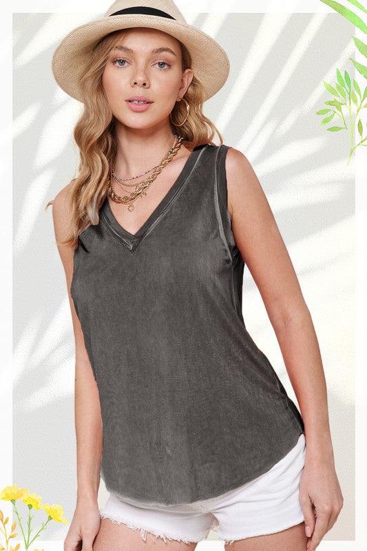 Raw Edge Back Patch V-Neck Tank Top CHARCOAL Tank Tops