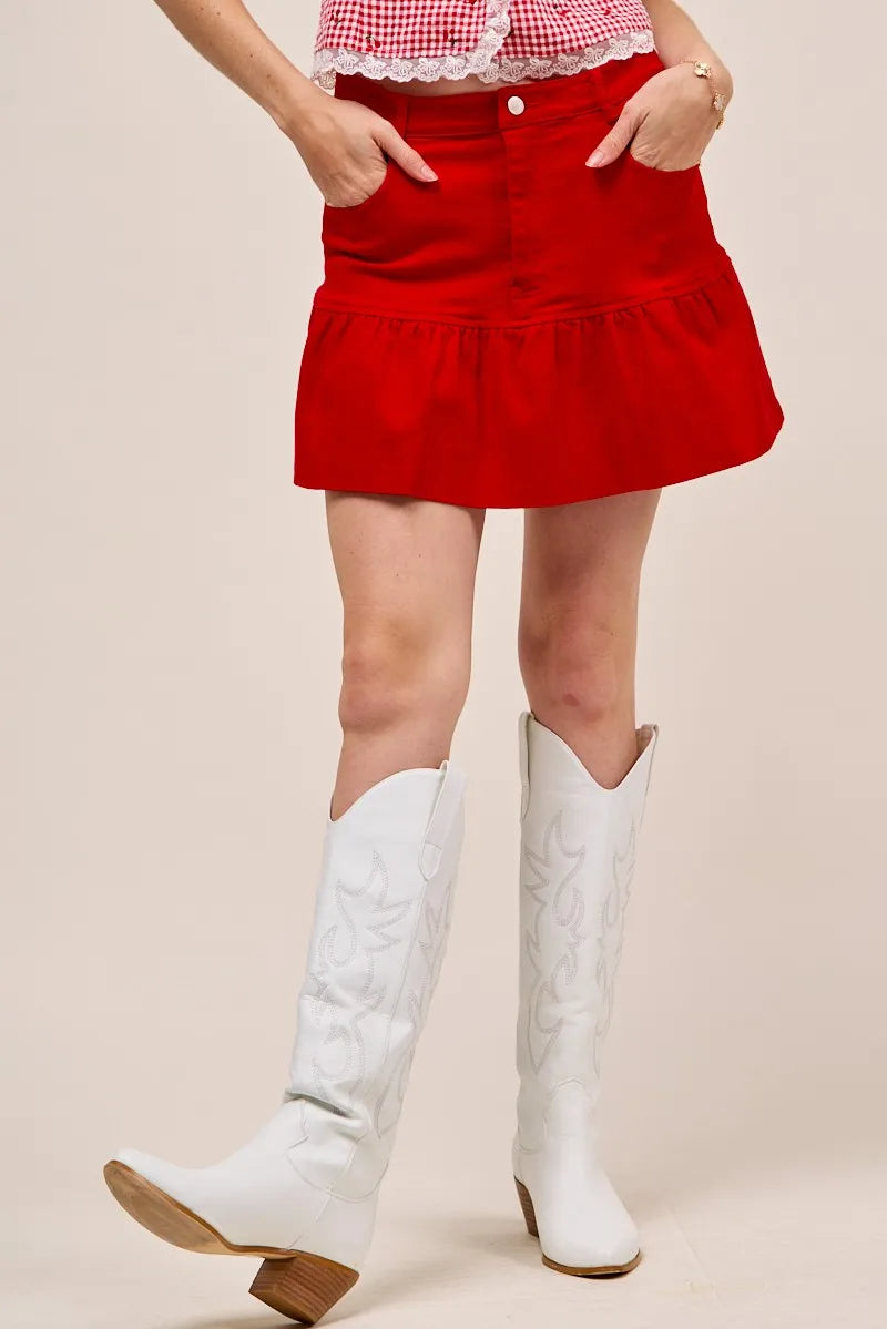 SO ME Ruffled Hem Game Day Mini Skirt RED Skirts