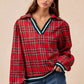 BiBi Christmas Plaid Collared Top with Ruffled Detail - DAVERRI FASHIONS