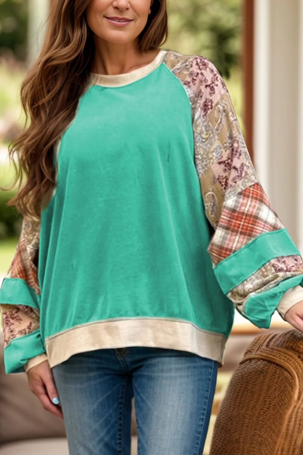 Plus size teal beige patchwork raglan sleeve sweatshirt with floral plaid panels