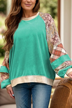 Plus size teal beige patchwork raglan sleeve sweatshirt with floral plaid panels