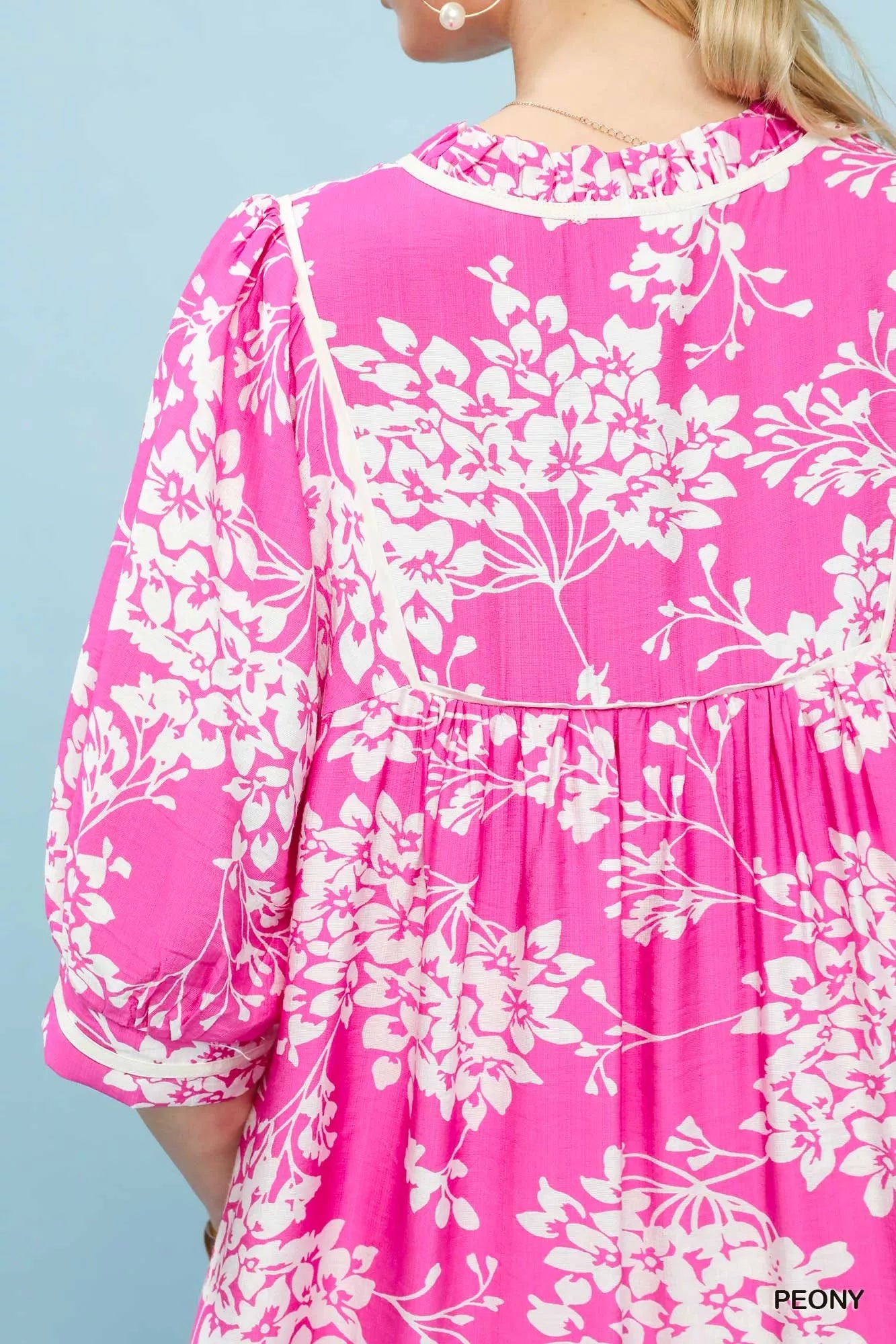 Umgee floral babydoll dress with pink peony pattern, ruffles, pockets