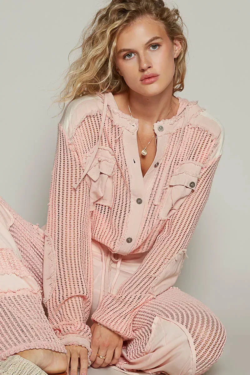 POL Texture Woven Button Down Hooded Shirt with Drawstring Hem - DAVERRI FASHIONS