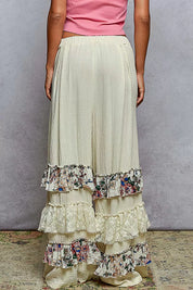 POL Drawstring Double Gauze Wide Leg Pants with Print and Lace Ruffle | Pants Daverri Fashions