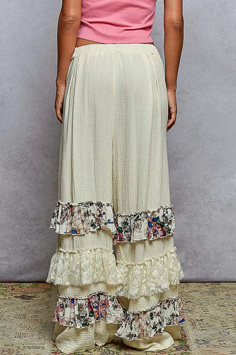 POL Drawstring Double Gauze Wide Leg Pants with Print and Lace Ruffle | Pants Daverri Fashions