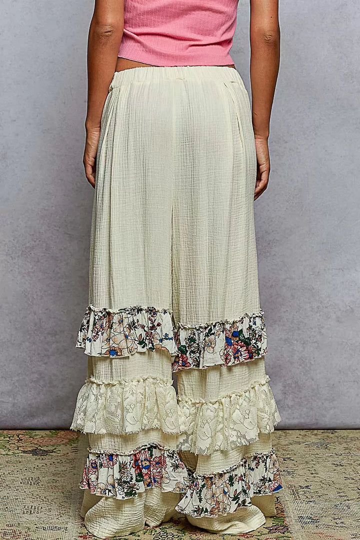 POL Drawstring Double Gauze Wide Leg Pants with Print and Lace Ruffle | Pants Daverri Fashions