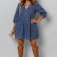 Tie Neck Long Sleeve Mini Denim Dress - DAVERRI FASHIONS
