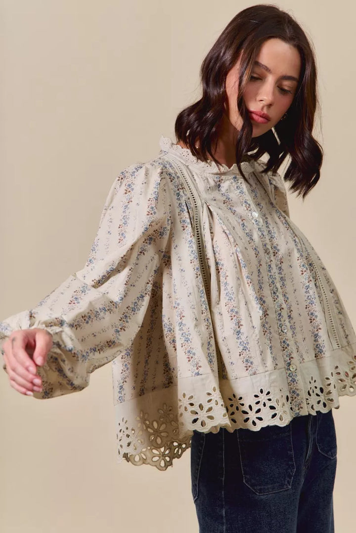 SO ME Floral Print Lace Button Down Shirt | Daverri Fashions