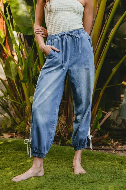 BiBi Striped Tape Details With Bot Tied Point Elastic Waist Jeans - DAVERRI FASHIONS